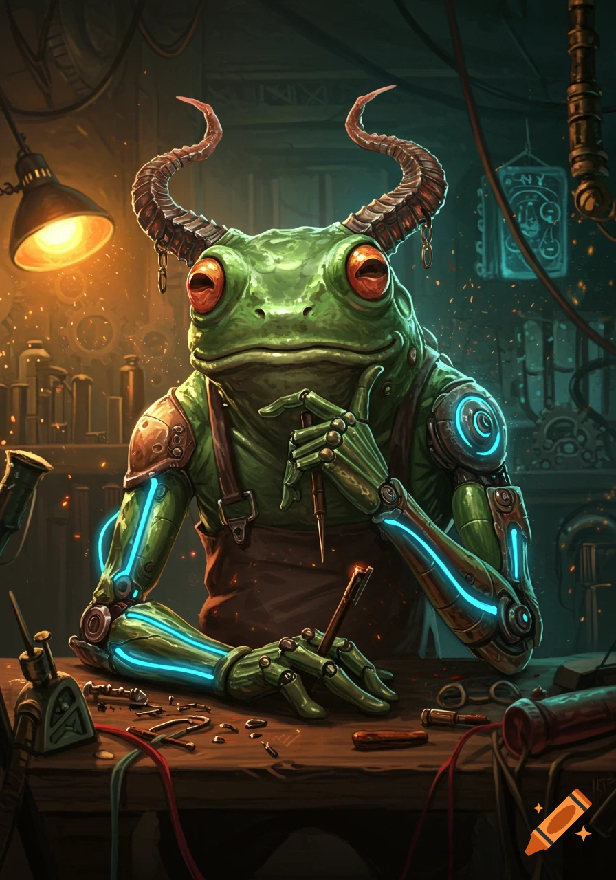 A horned, robotic frog man in a steampunk workshop, pondering over tools on a cluttered workbench. Digital art.