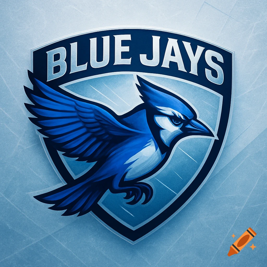 Stylized blue jay bird in a shield logo with the text "BLUE JAYS" at the top, on an icy blue background.