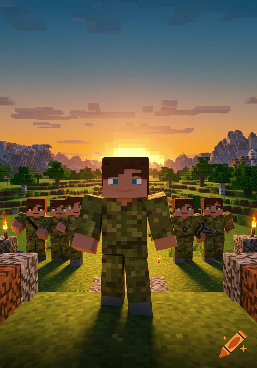 A group of blocky Minecraft-style soldiers in camouflage stand in a field at sunset, one prominent in the foreground.