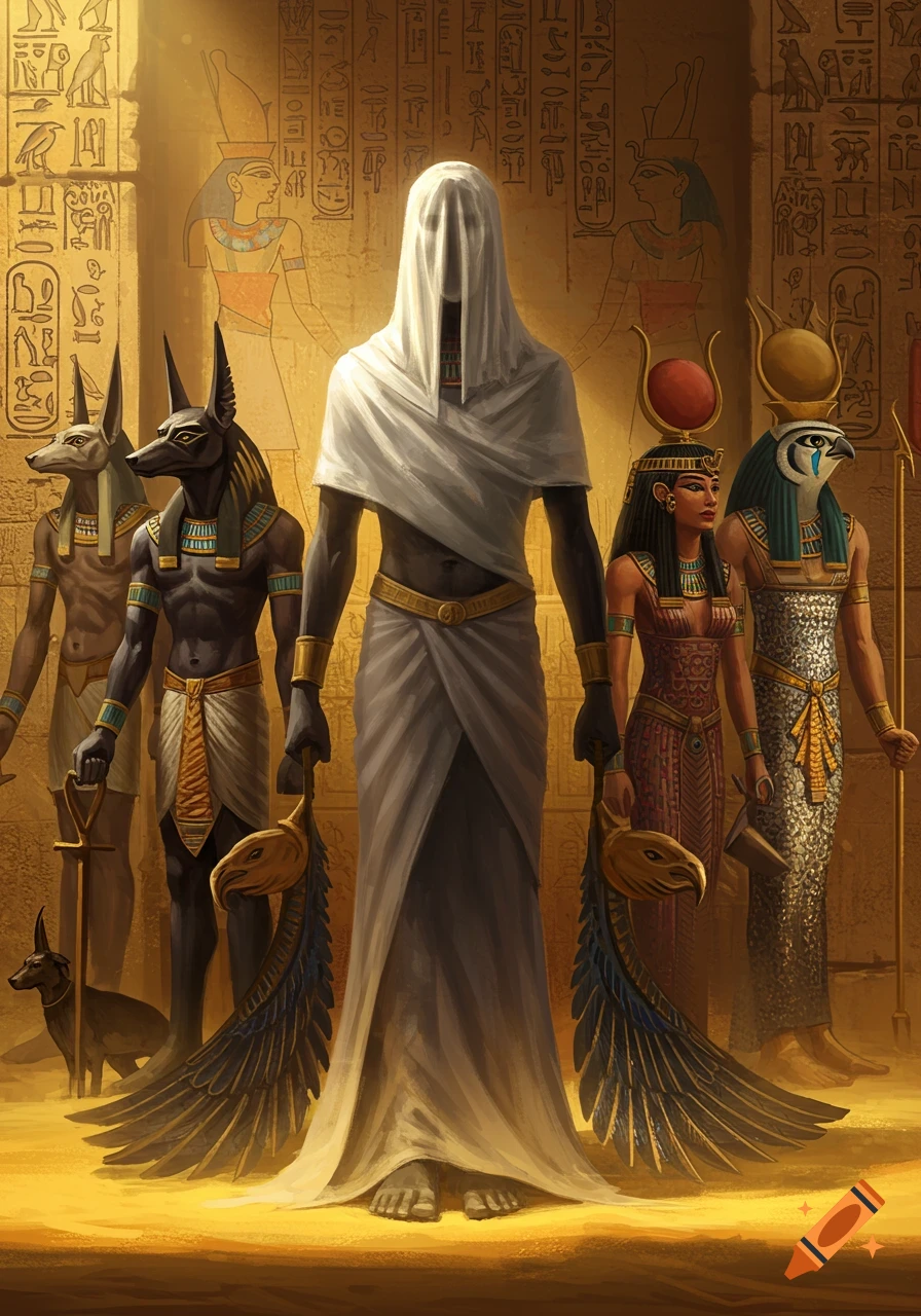 A Medjed figure in white robes stands with Egyptian gods Anubis, Hathor, and Horus, and a small dog in a golden, hieroglyph-filled temple.