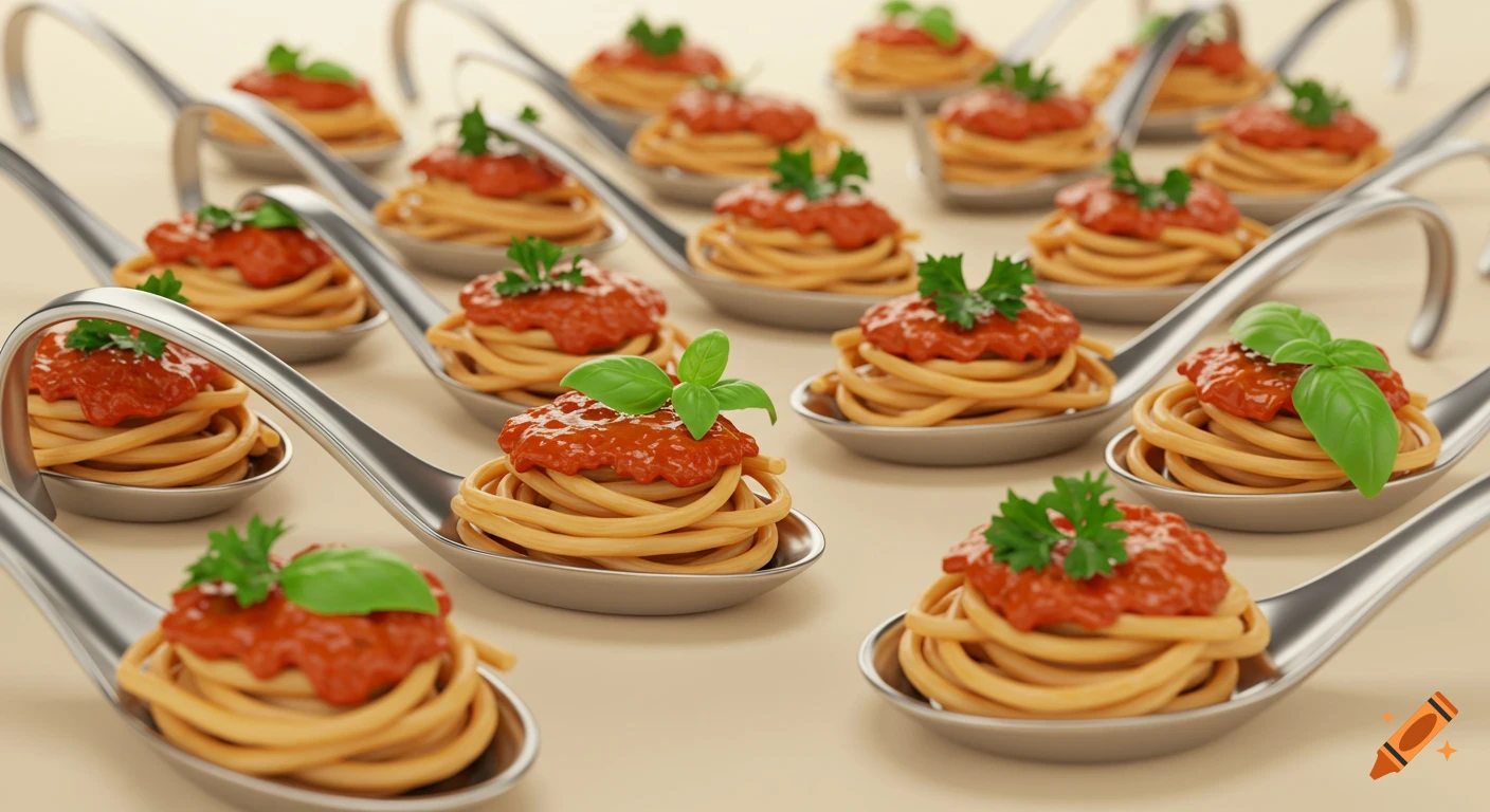 Many gourmet spoons filled with spaghetti, tomato sauce, and fresh herbs on a light background, arranged perspectively.