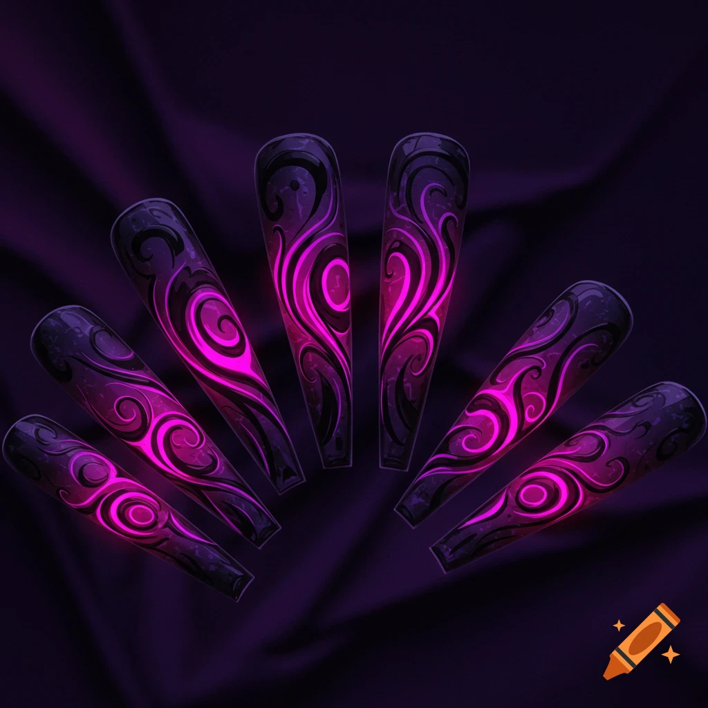 Futuristic coffin-shaped press-on nails with glowing neon pink swirling patterns on dark purple and black, arranged on a purple fabric.