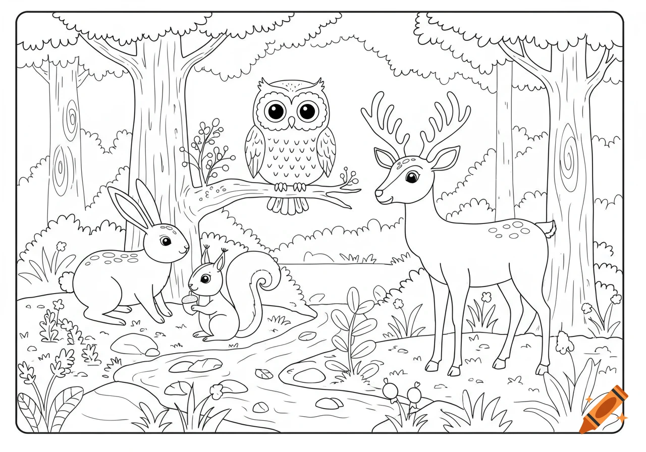 Black and white coloring page of forest animals: a deer, an owl, a rabbit, and a squirrel by a stream in the woods.