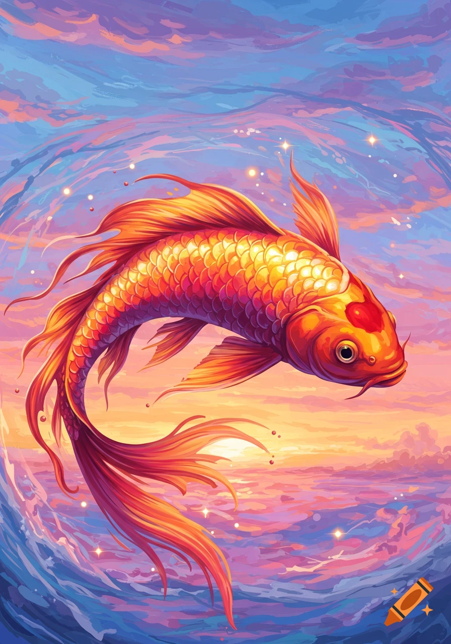 Vibrant orange and red koi fish swims through a swirling, colorful fluid art sky and water with a sunrise background.