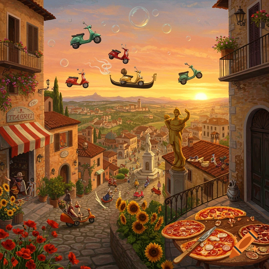 A whimsical illustration of an Italian town at sunset with flying Vespas and a gondola, sunflowers, and pizzas on a table in the foreground.