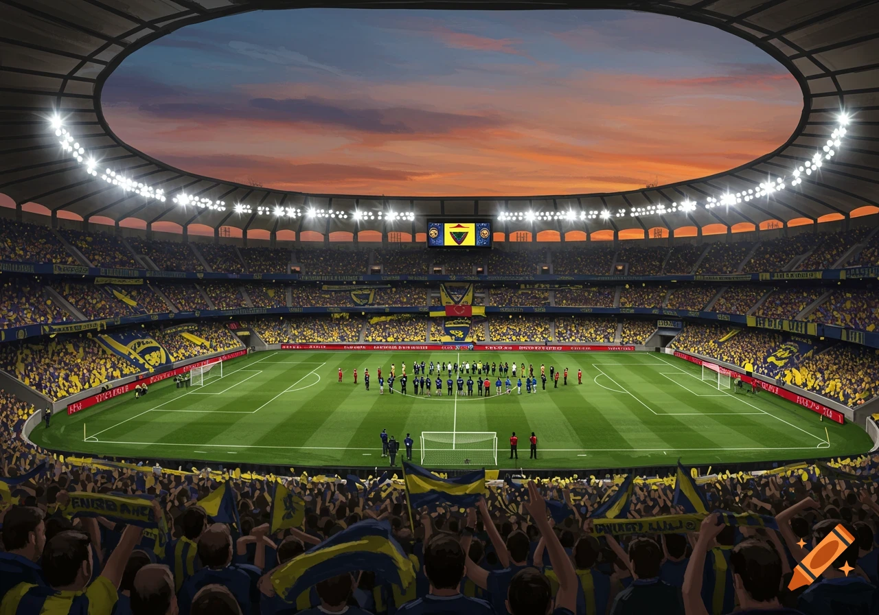 A vibrant, crowded football stadium at sunset with a match underway, showing a large scoreboard and fans waving flags.