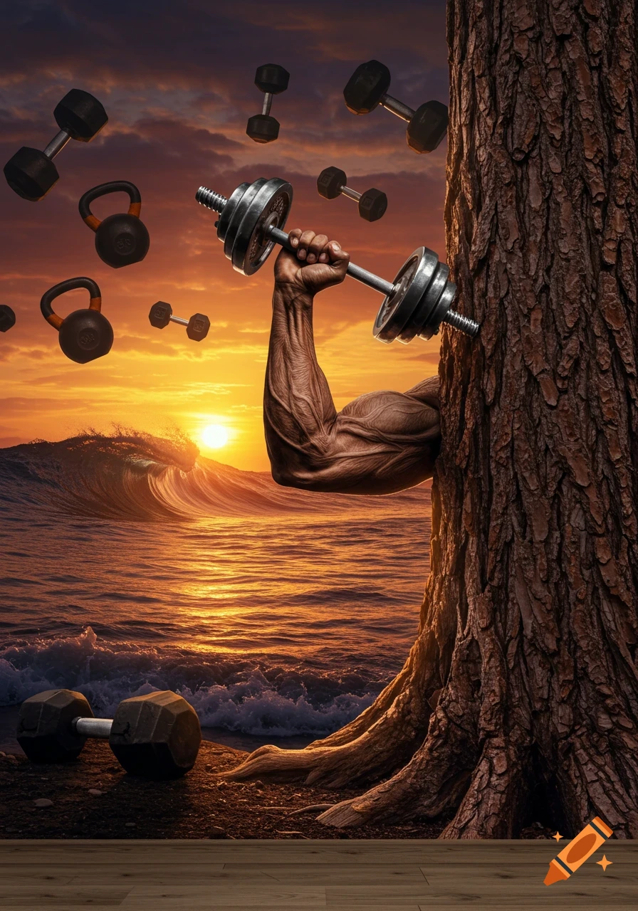 A hyper-realistic surreal mural with a muscular arm emerging from a tree trunk, holding a barbell against a sunset ocean and sky filled with floating weights.