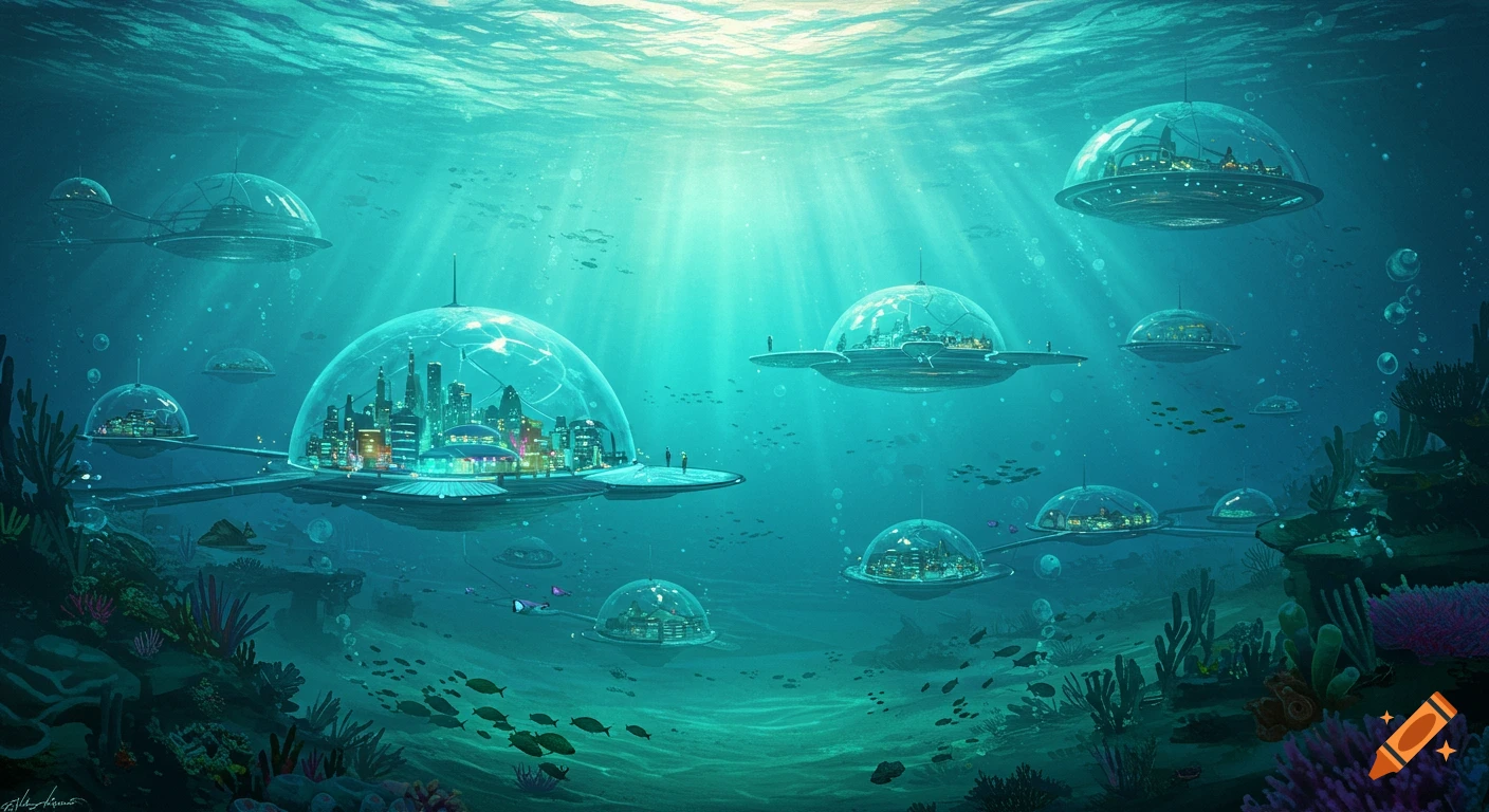 Futuristic underwater city in turquoise waters with domed buildings, coral reefs, and schools of fish, illuminated by sunbeams.