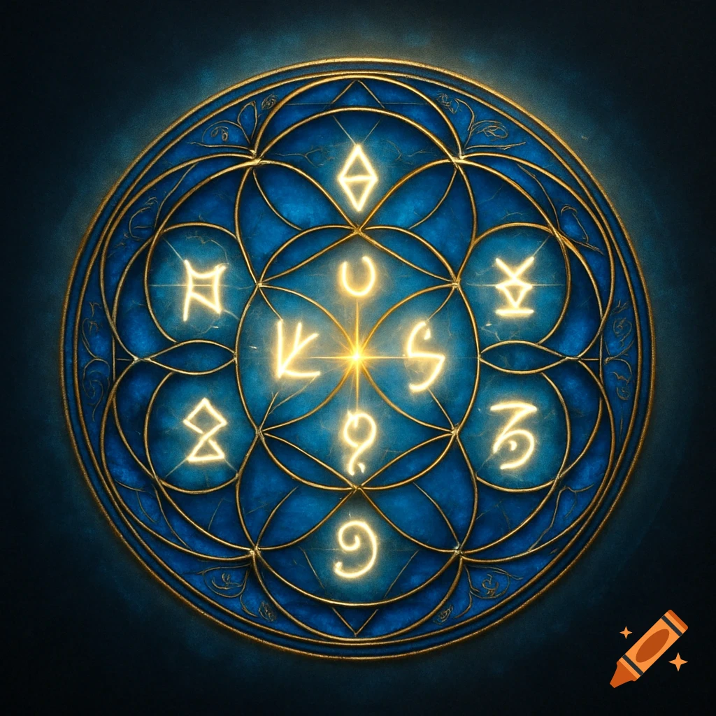 An intricate blue and gold mandala featuring glowing abstract symbols and a central starburst.