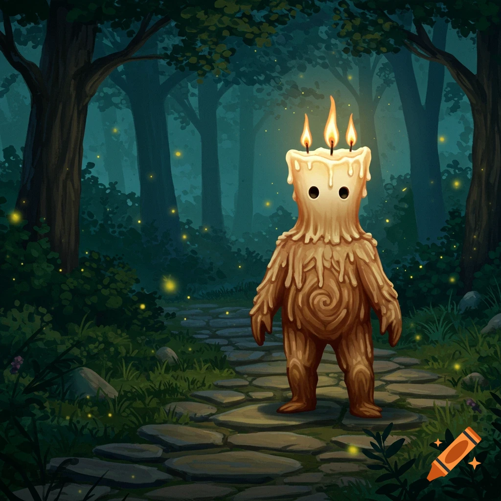 An illustration of a humanoid candle creature with three flames on its head standing on a stone path in a dark, magical forest.