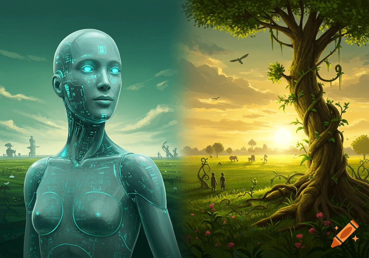 A split image showing a humanoid robot with glowing blue circuits on the left, and a lush green natural landscape with a large tree and animals at sunset on the right.