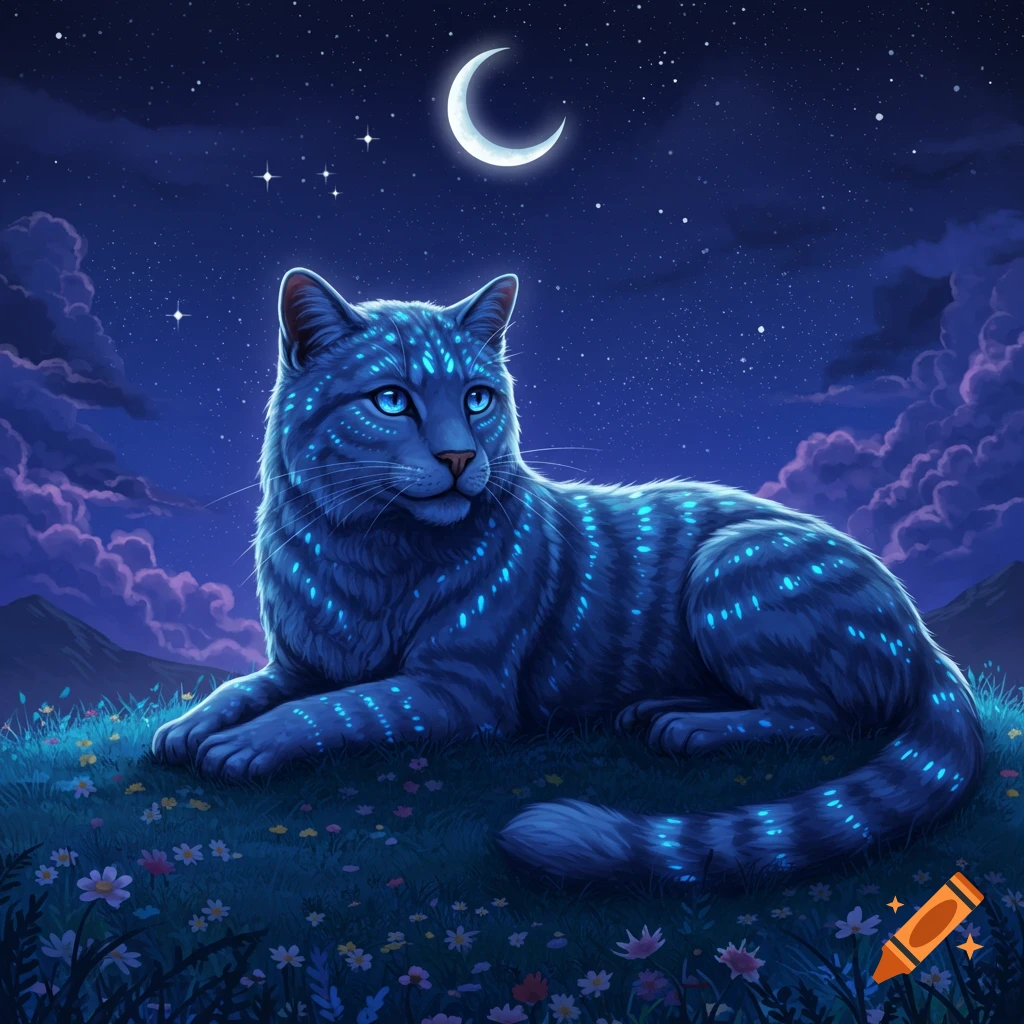 A majestic blue cat with glowing patterns lies in a field of flowers under a starry night sky with a crescent moon.