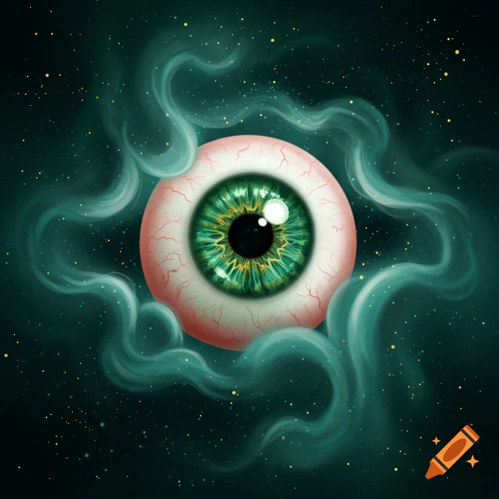 A stylized illustration of a vibrant green eyeball floating in a dark, smoky, starry cosmic void.