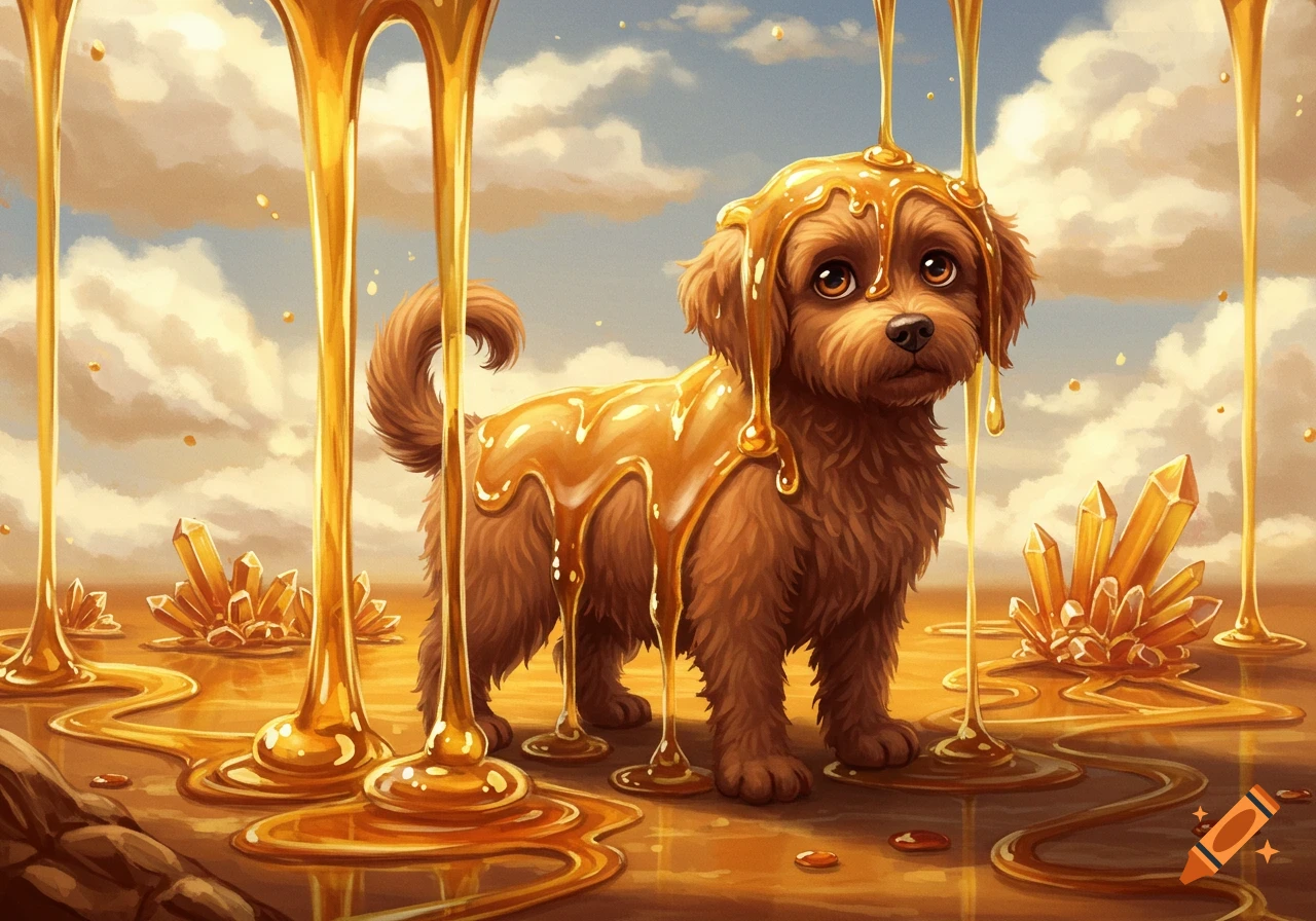 A cute brown dog covered in golden honey, standing in a surreal landscape with honey streams and golden crystals under a cloudy sky.
