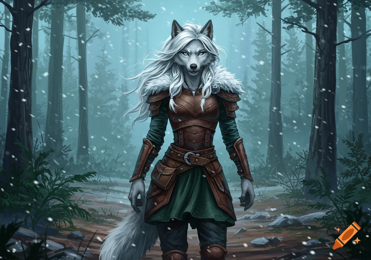 A white-haired wolf-like woman in brown leather and green armor stands in a snowy forest, digital art.
