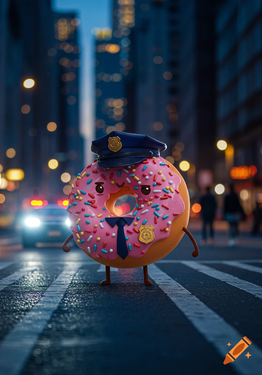 A pink-frosted donut with sprinkles, wearing a police hat, tie, and badge, stands in a city street at night.