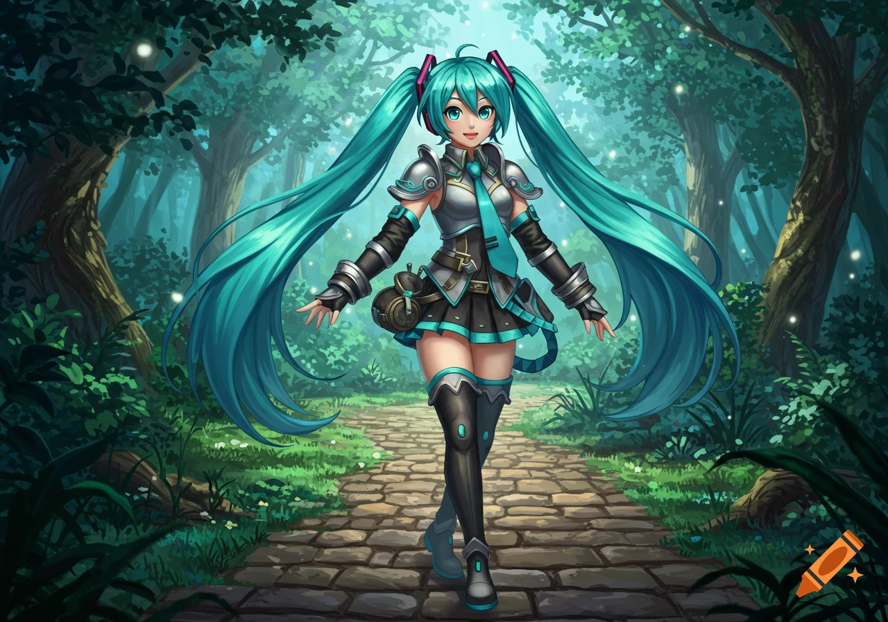 Hatsune Miku in a fantasy outfit with teal armor and a short skirt walks on a stone path in an enchanted forest.