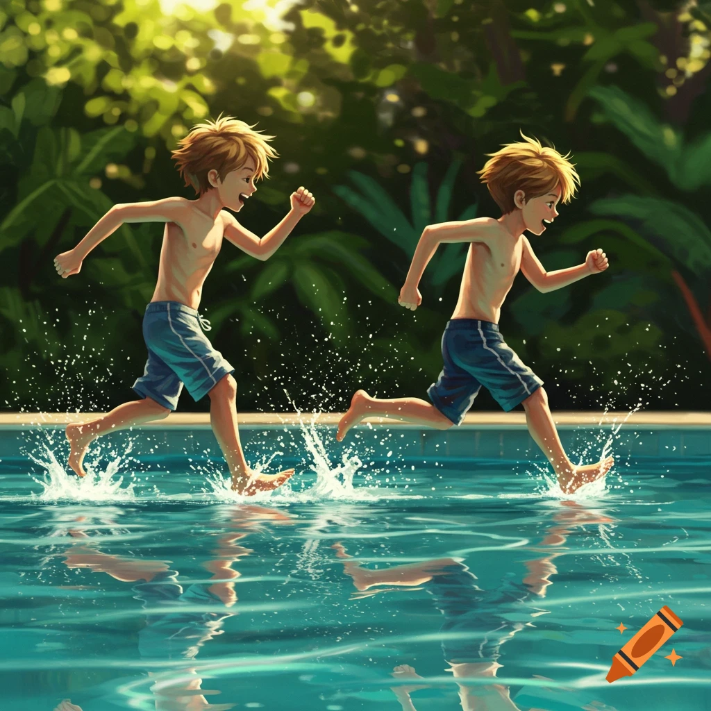 Two blonde boys in blue swim trunks run and splash through shallow pool water under green trees in an illustration.