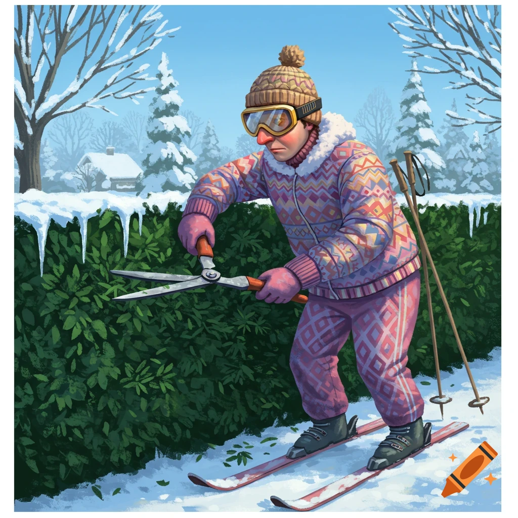 Illustration of a person in a ski suit on skis, trimming a snowy hedge with shears in a winter landscape.