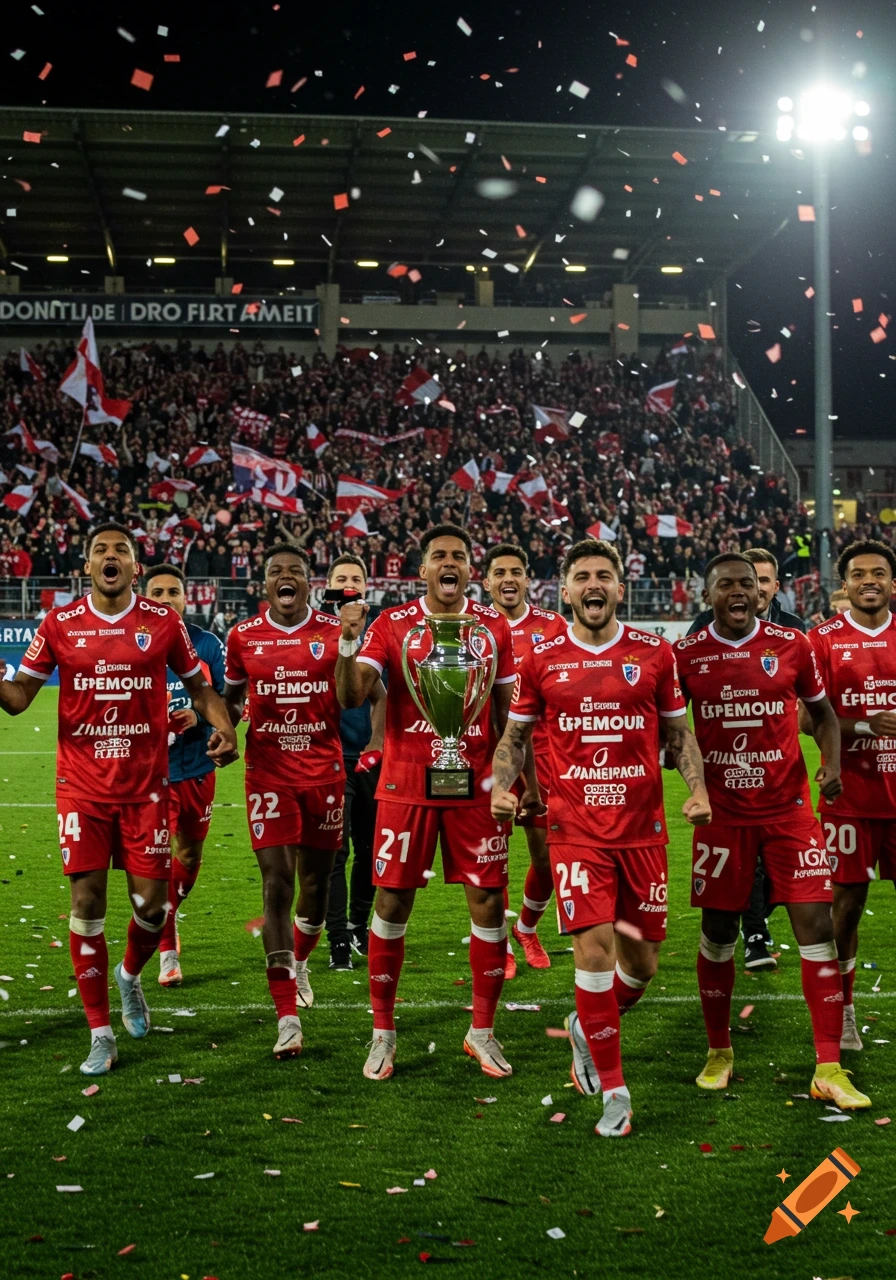 Photorealistic image of soccer players in red jerseys celebrating with a trophy on a field at night, confetti falling, with a cheering stadium crowd in the background.