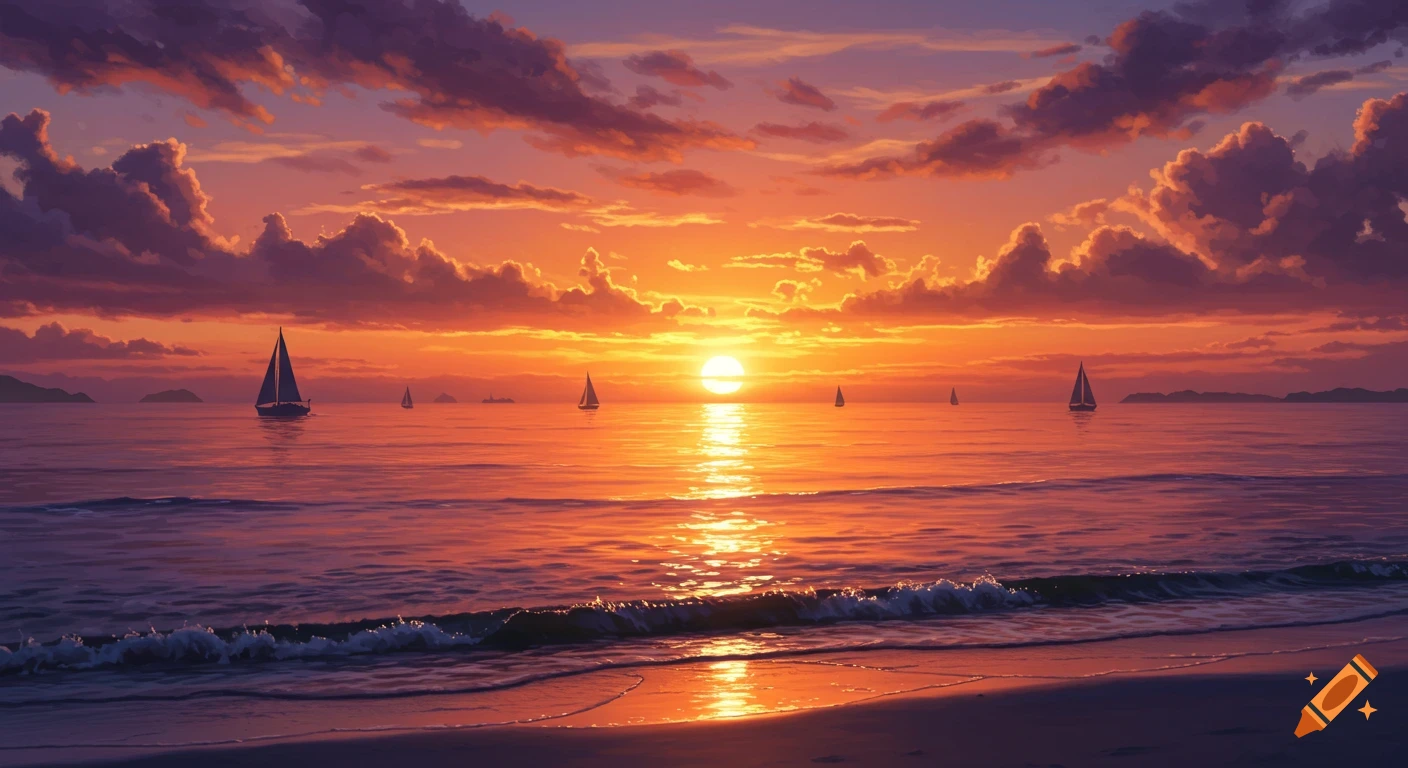 Vibrant, stylized sunset over the ocean with silhouetted sailboats and a sandy beach.
