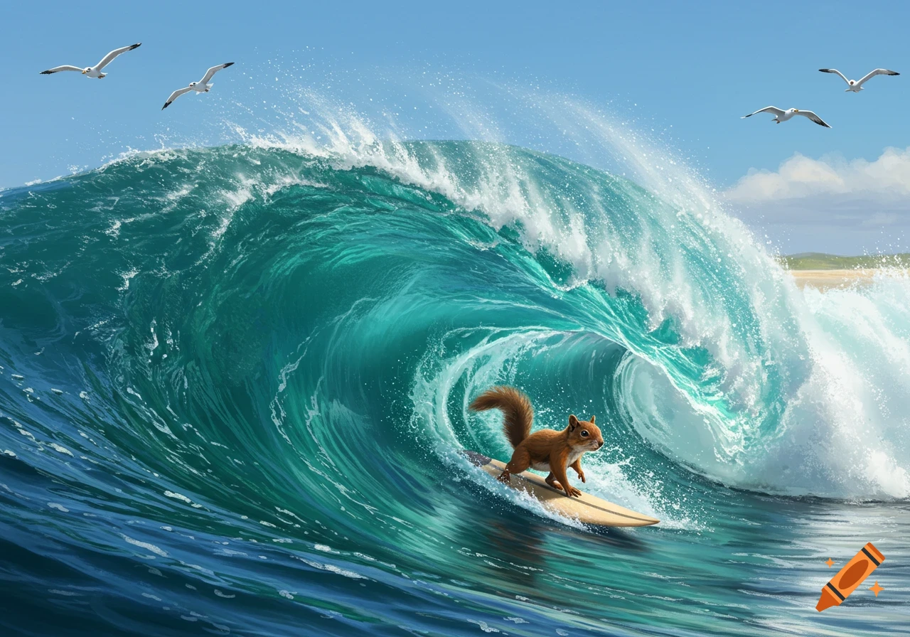 A cute squirrel surfs a large, curling turquoise ocean wave under a blue sky with seagulls flying overhead.