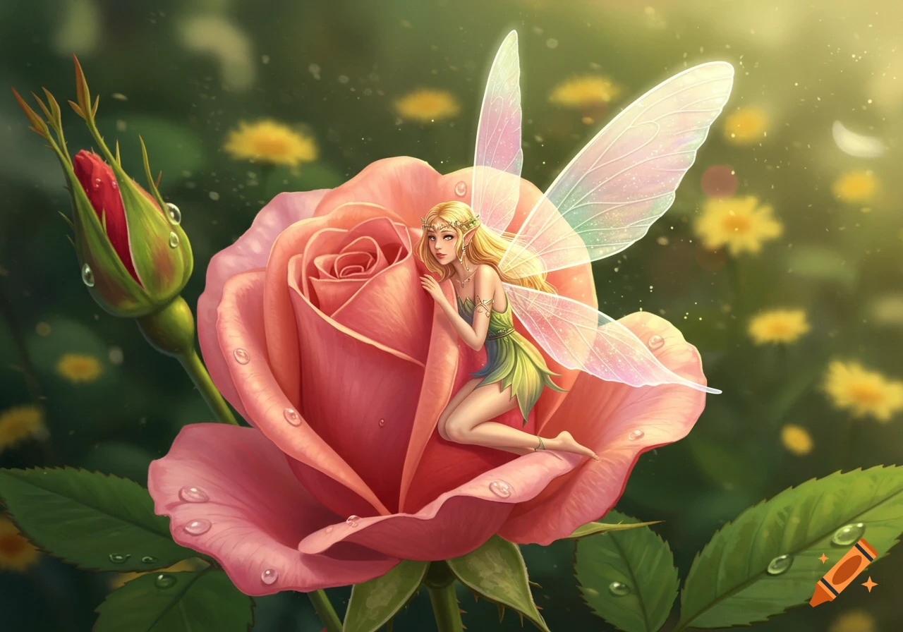 A blonde fairy with transparent wings sits delicately on a dewy pink rose, with a red bud nearby, in a sunlit garden.