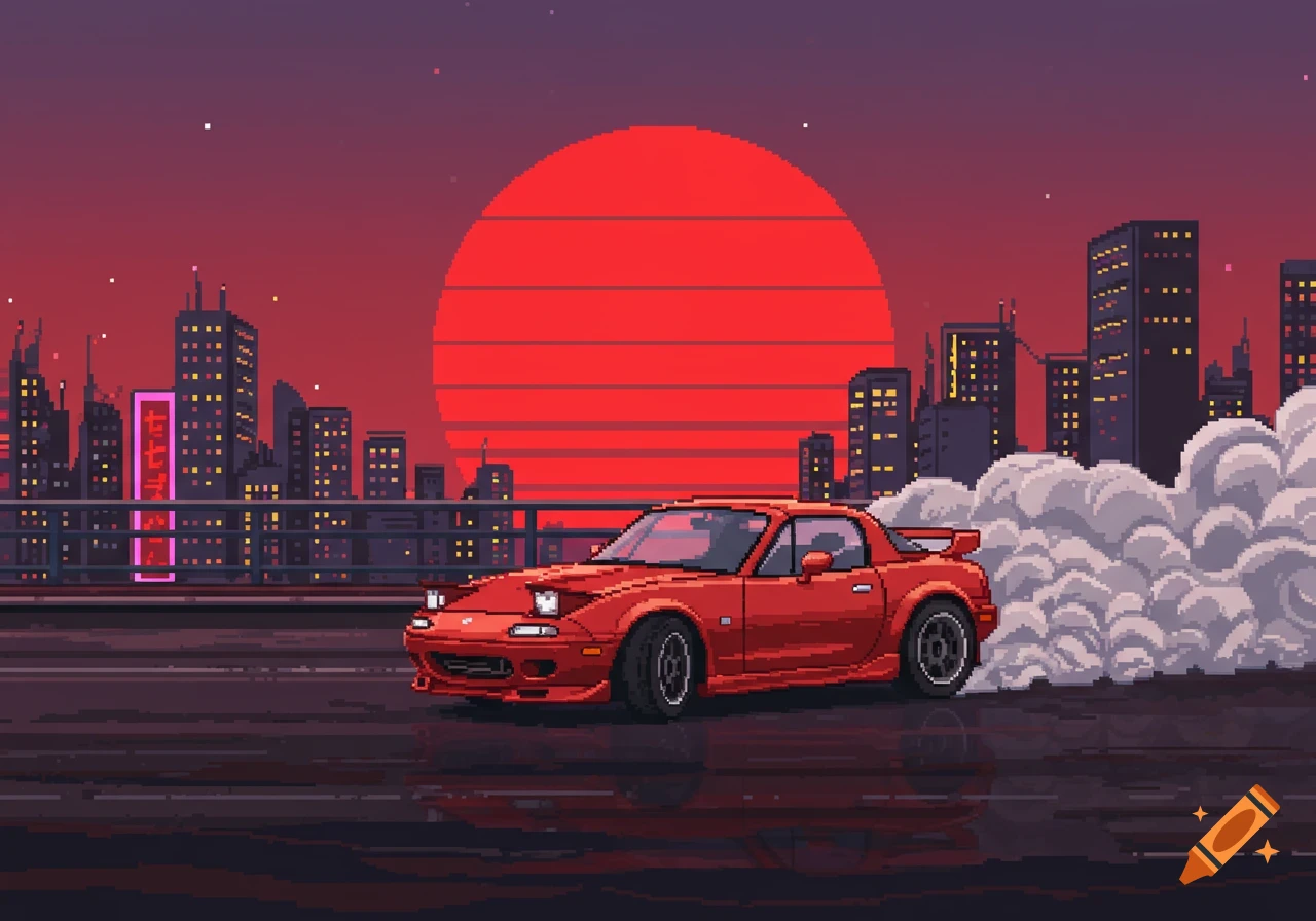 Pixel art red Mazda Miata drifting in front of a retro-futuristic Japanese city skyline with a large red sun.