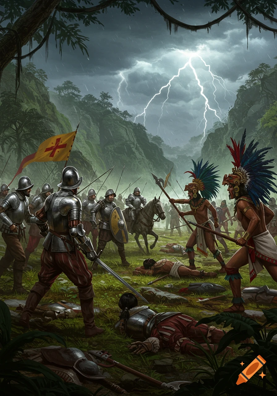 An epic illustration of a battle between Spanish conquistadors and Aztec warriors in a rainy jungle with lightning.