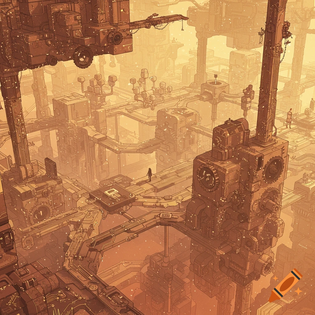 Detailed Ghibli-style illustration of an intricate futuristic industrial city bathed in an orange glow, with a person walking on a high walkway.