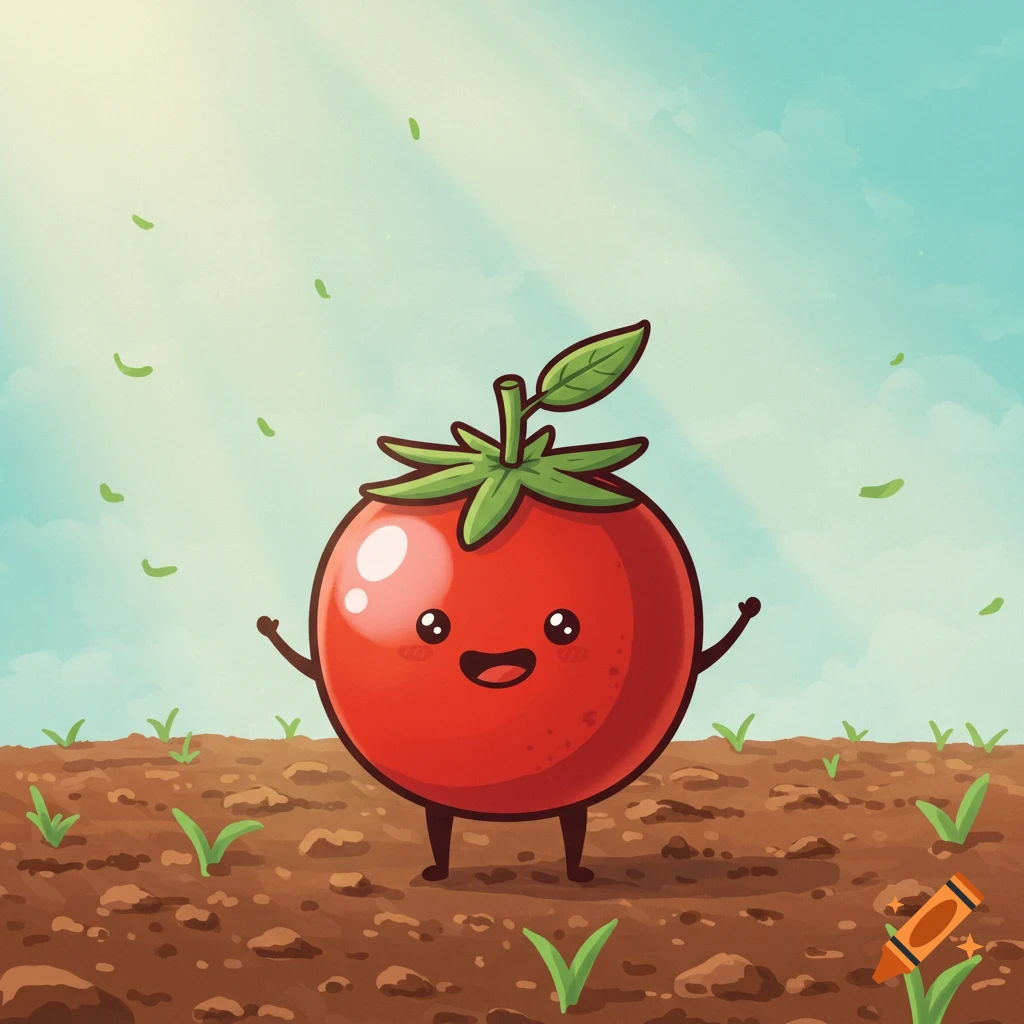 A cute cartoon cherry tomato character with a smiling face, small arms and legs, and a green leaf hat, stands in a field.