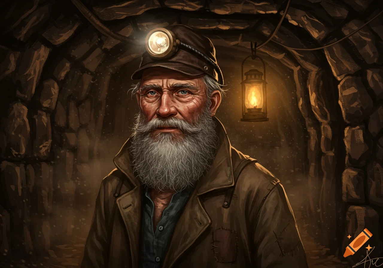 Stylized illustration of an old miner with a long white beard, wearing a headlamp, in a dark mine tunnel with a lantern.