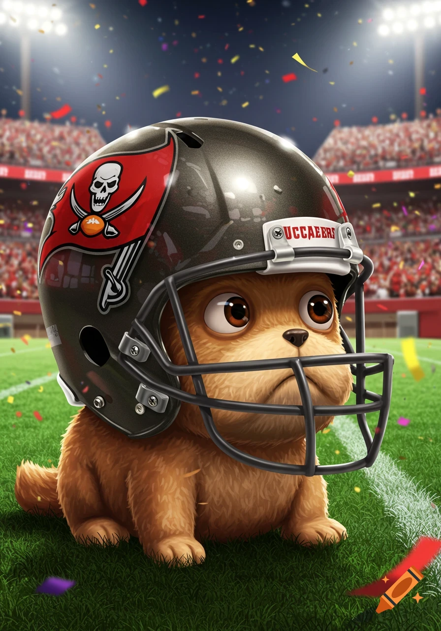 A cute brown cartoon dog sits on a football field wearing an oversized black football helmet with a pirate flag logo, confetti falling in a stadium.