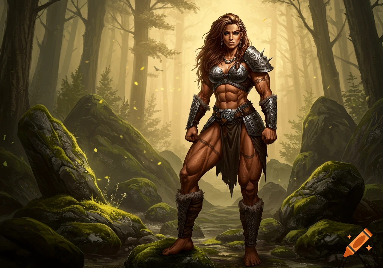 Muscular female warrior in Viking-style armor stands confidently in a mossy, ethereal forest. Fantasy art.