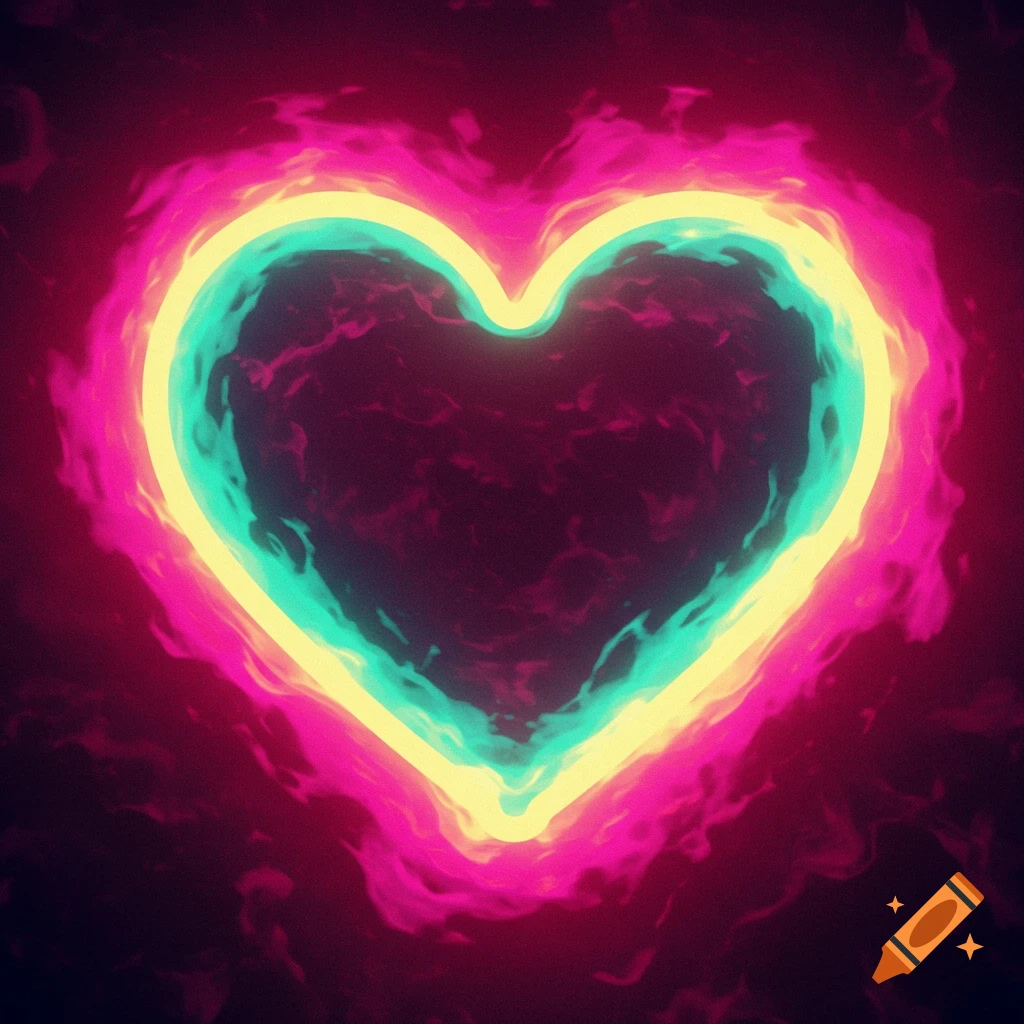 A vibrant neon glowing heart symbol with a yellow-green core and pink-red aura against a dark background.