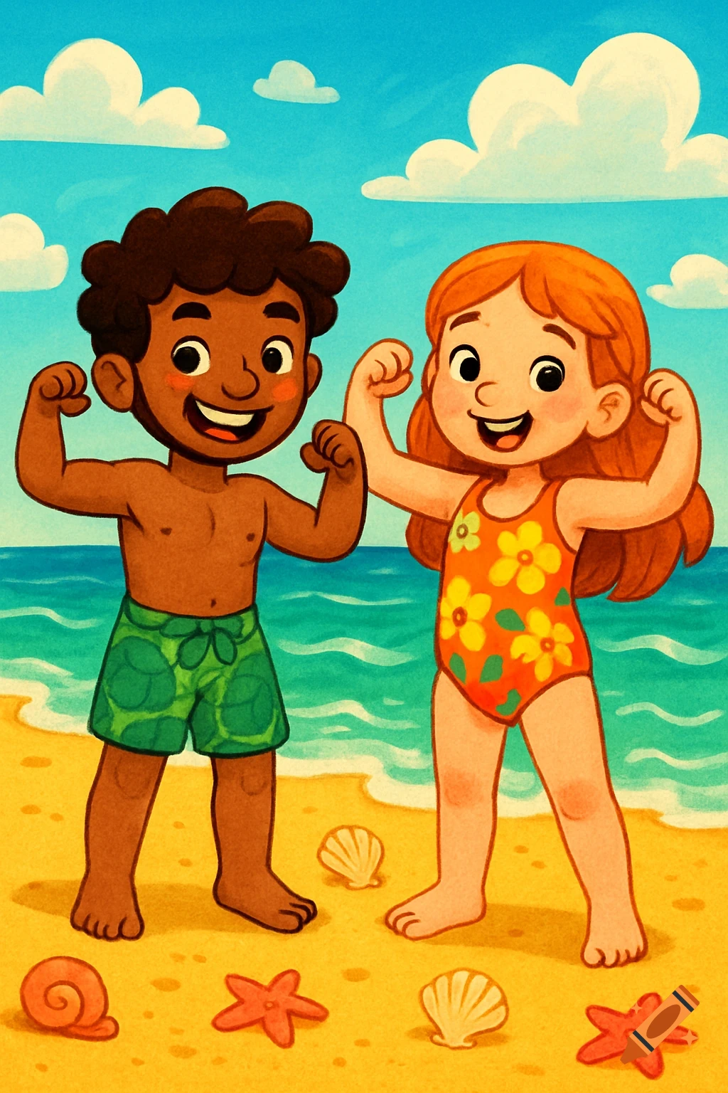 A happy cartoon boy and girl, in swimwear, stand on a sunny beach, flexing their muscles.