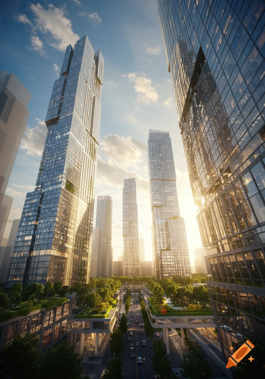 Photorealistic image of modern glass skyscrapers towering over a green, tree-lined city street, bathed in golden sunlight.