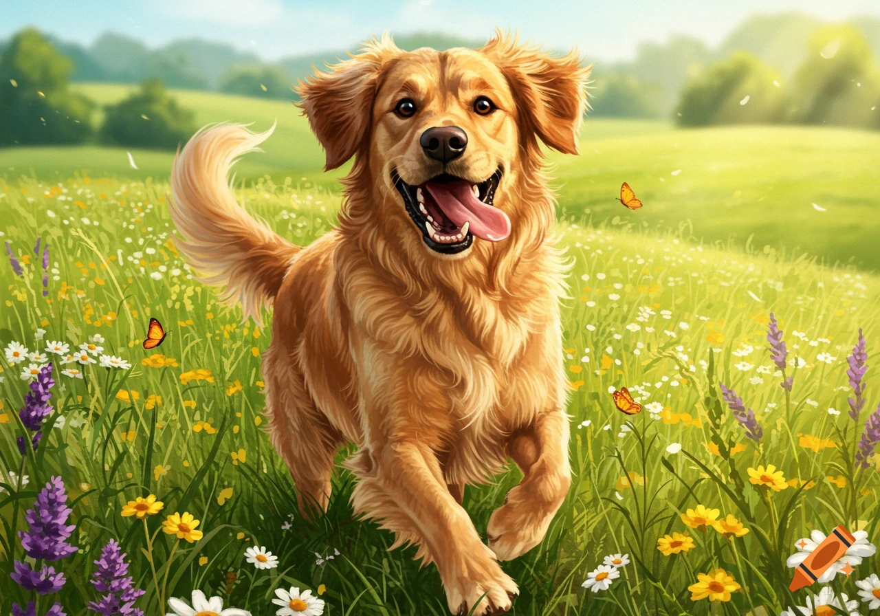 A happy Golden Retriever dog runs through a sunlit field of colorful wildflowers and grass with butterflies, in an illustrative style.