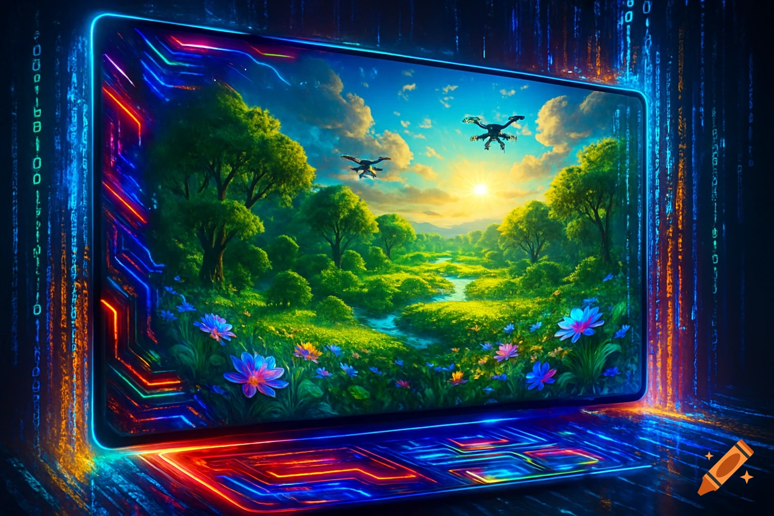 A neon-lit laptop displays a vibrant nature scene with trees, flowers, a river, and drones, surrounded by digital code.