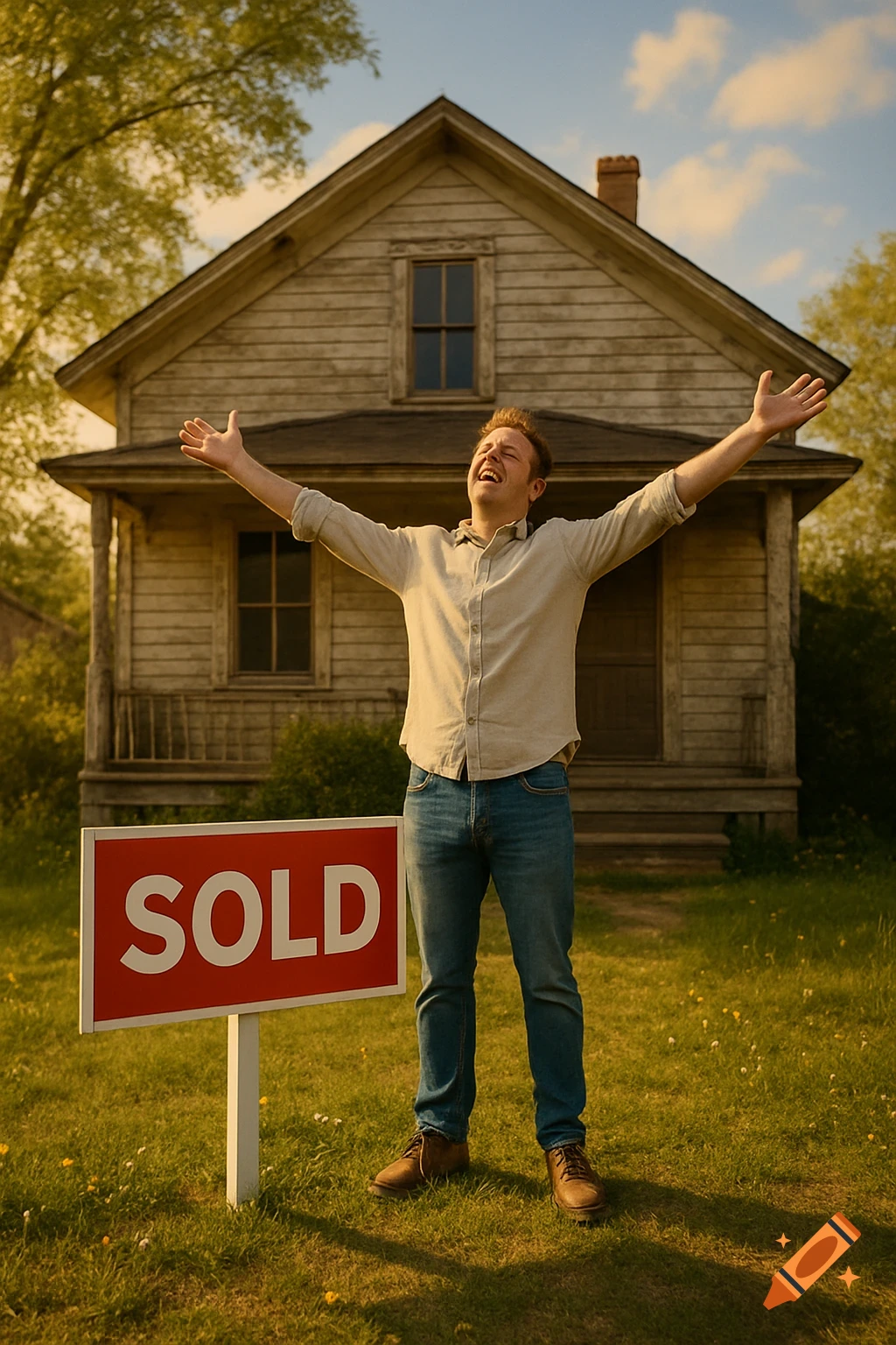 A man with outstretched arms excitedly stands in front of a distressed house with a 'SOLD' sign in the lawn, under a sunny sky.