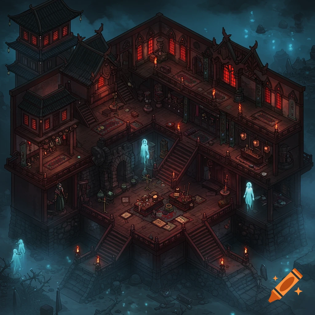 Isometric view of a dark, multi-level Japanese castle interior with red lit windows, torches, and glowing blue ghosts.