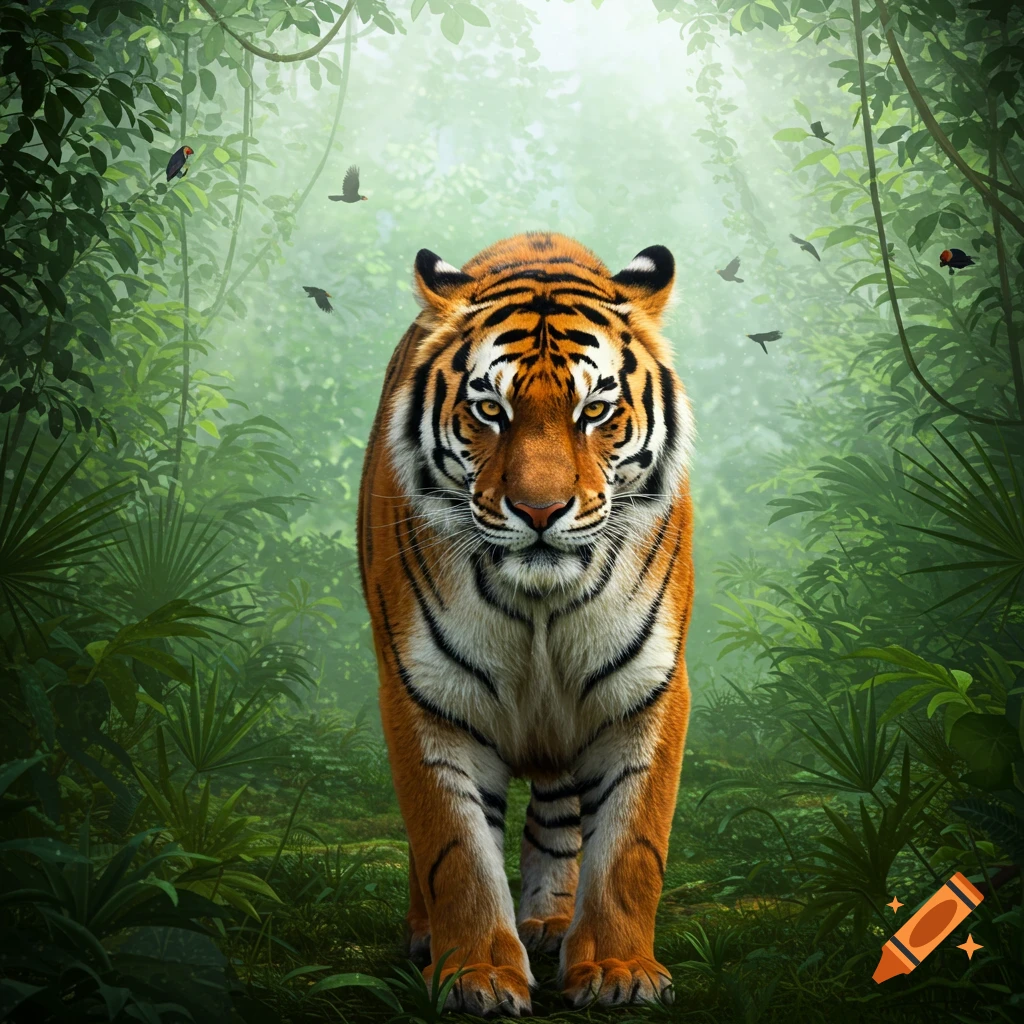 A majestic tiger walks forward through a misty, lush green jungle with birds flying, in a photorealistic style.
