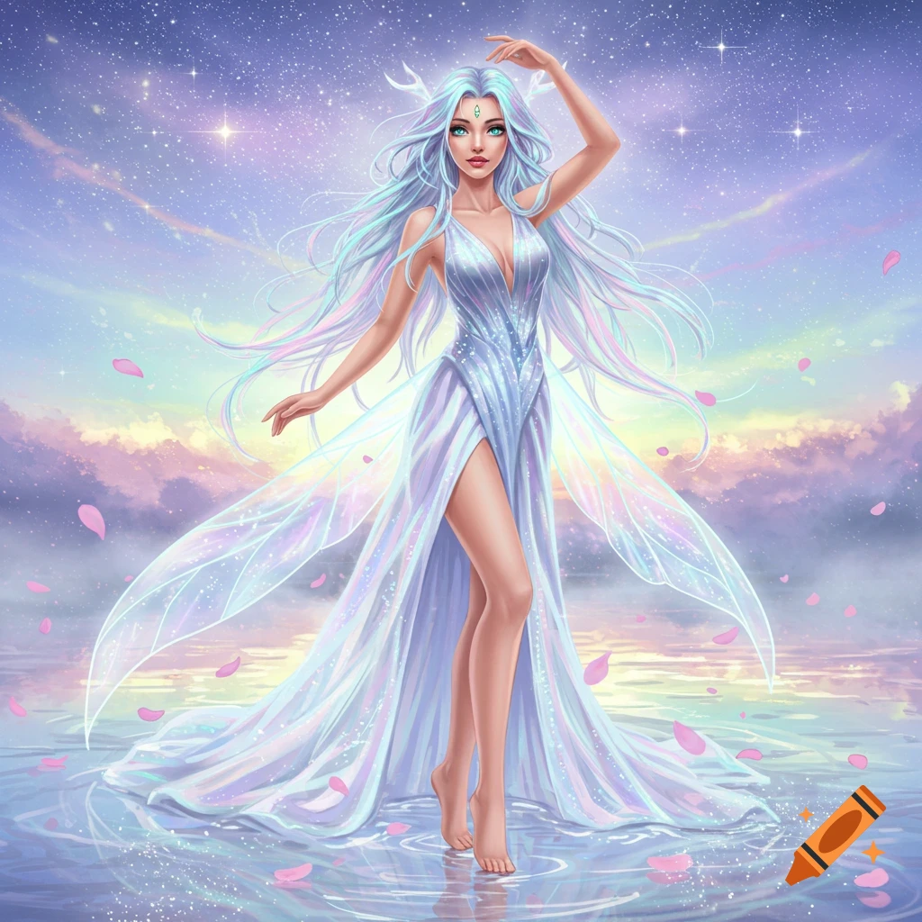 A graceful, ethereal fairy with long, flowing pastel blue hair and iridescent wings stands in shallow water, surrounded by pink petals under a starry, cloudy sky.
