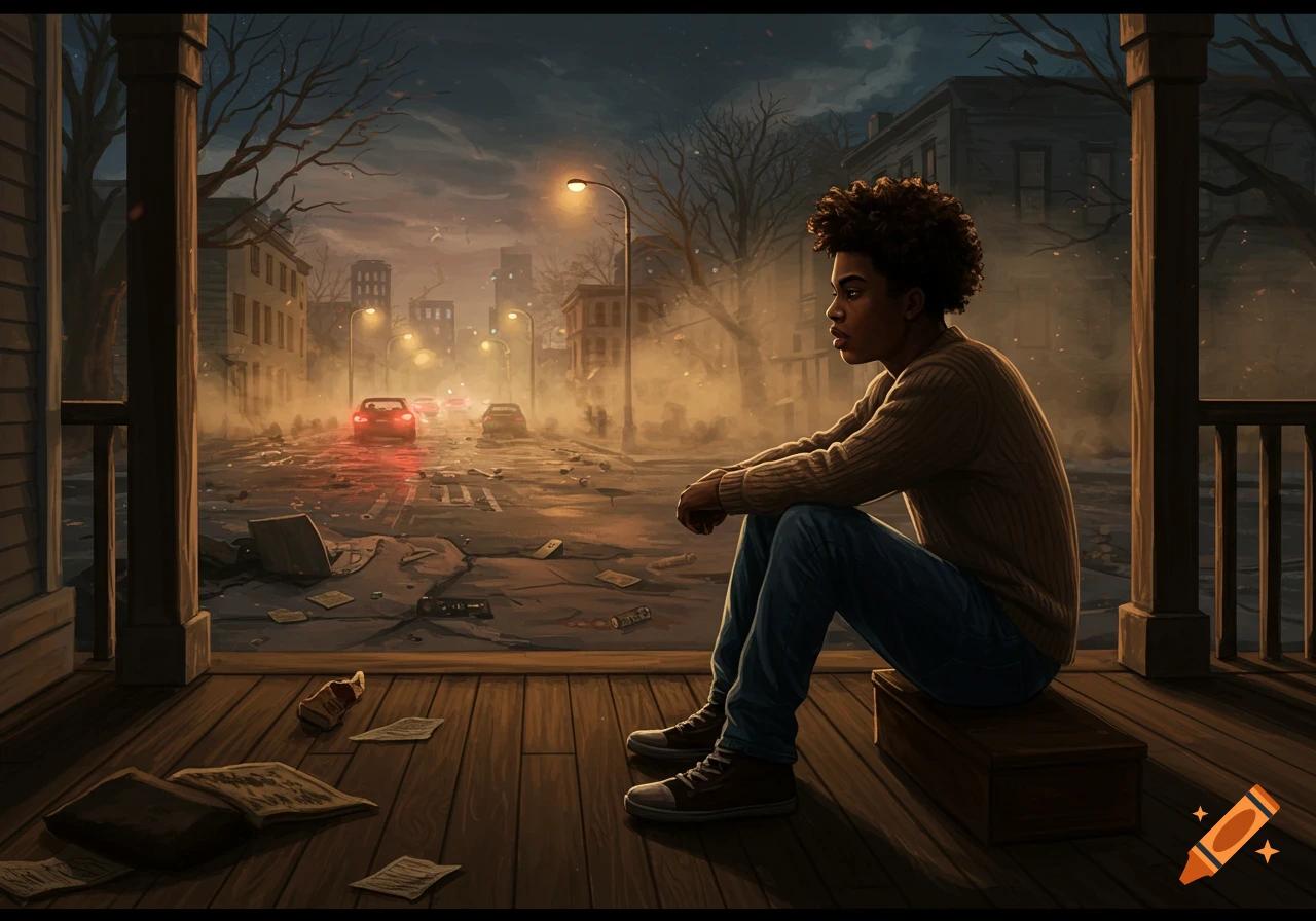 A young Black man sits on a porch, observing a debris-filled, hazy city street with cars and streetlights at dusk.