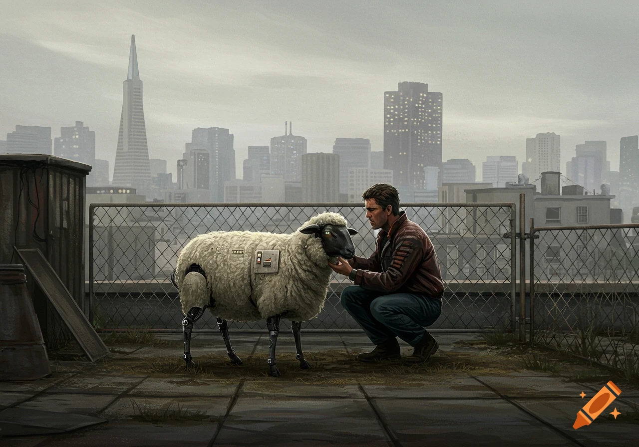 A man crouches on a dystopian city rooftop, gently tending to a robotic sheep. Bleak San Francisco skyline in background.