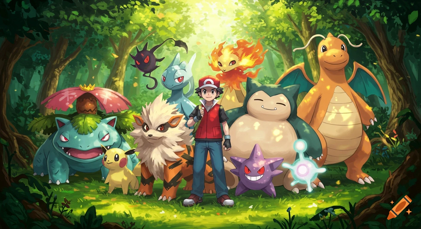 Trainer Red stands in a lush forest with a team of colorful Pokémon including Venusaur, Pikachu, Arcanine, Snorlax, Gengar, and Dragonite.