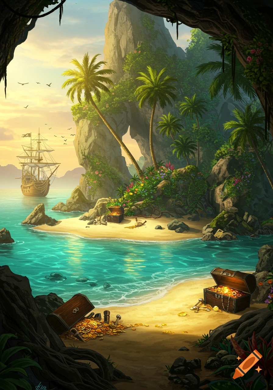 A vibrant illustration of a tropical treasure island with a pirate ship, palm trees, and chests overflowing with gold on a sunny beach.