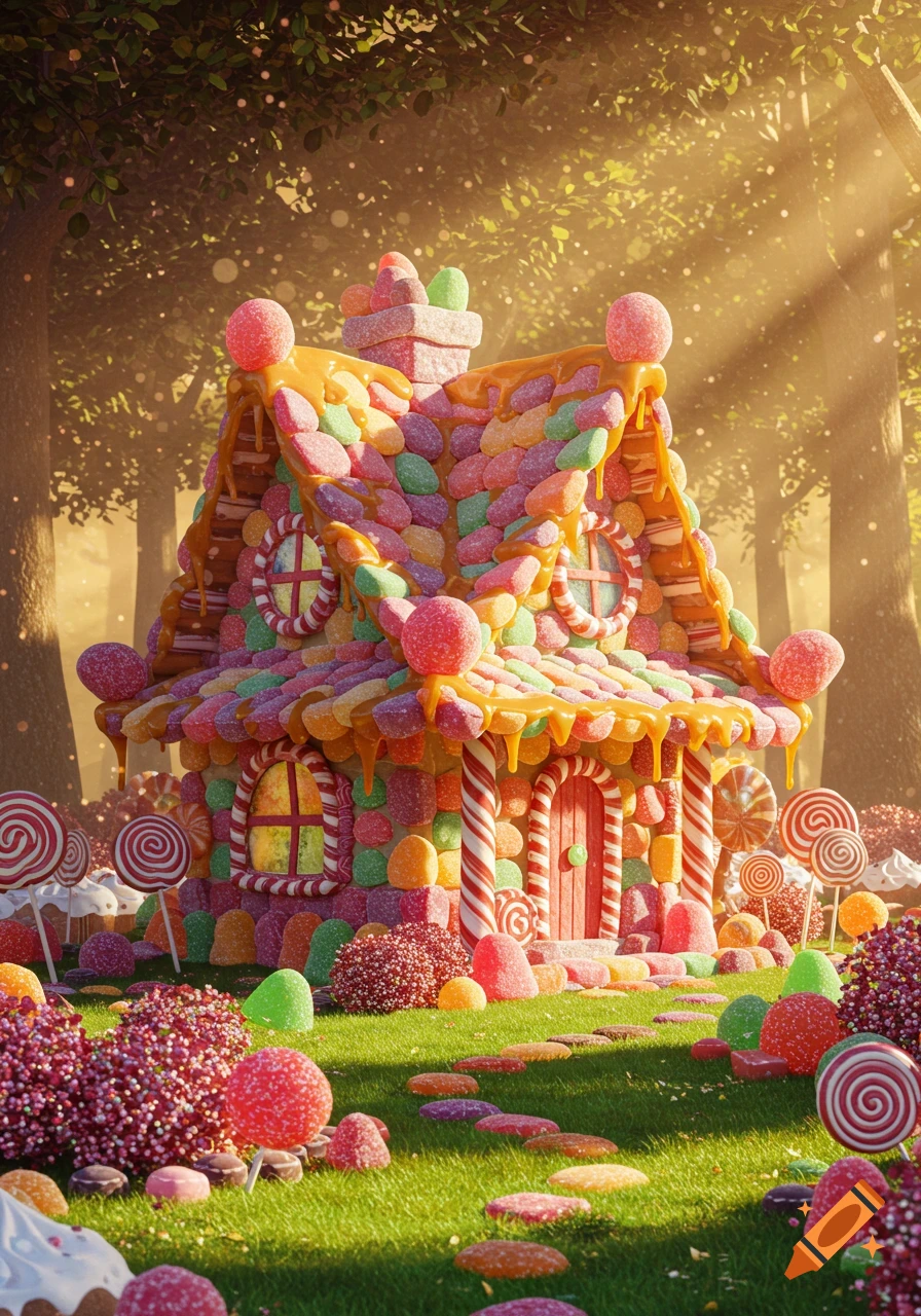 A vibrant candy house in a sun-dappled forest, with a candy path and colorful sweets.