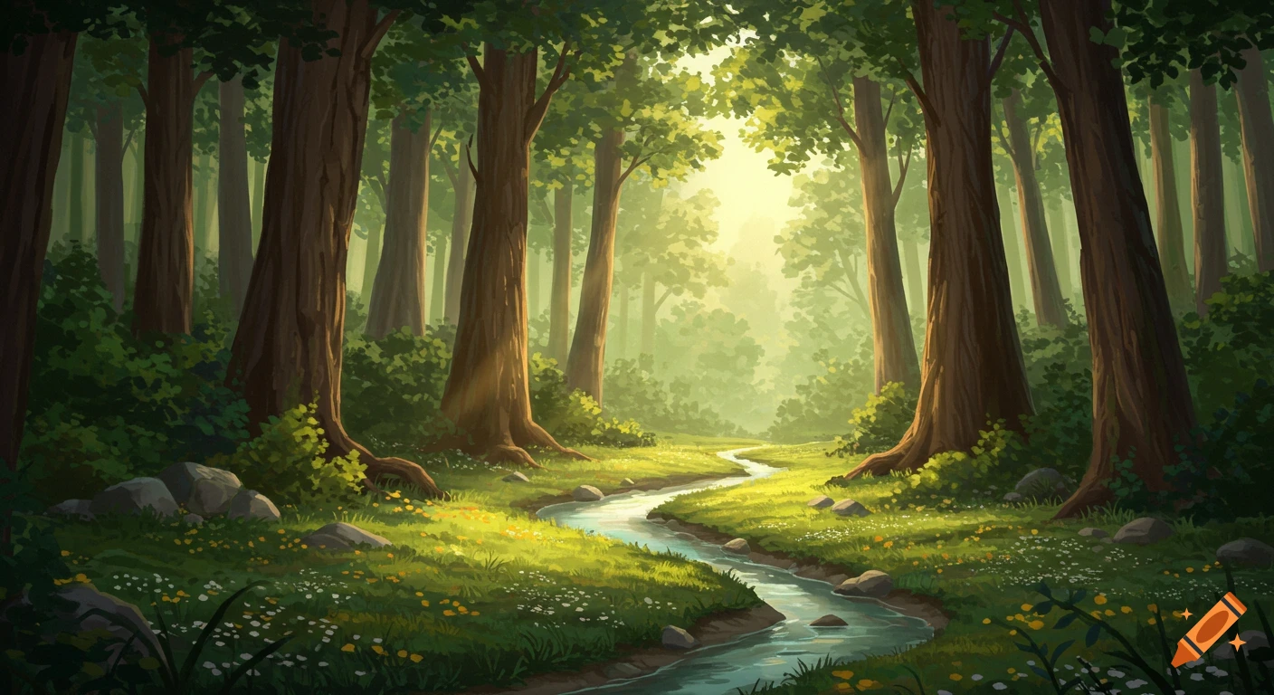 A vibrant, painted forest scene with a winding stream, sun-dappled green foliage, and tall trees under a bright sky.