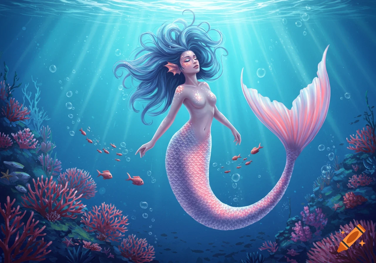 A beautiful mermaid with flowing blue hair and a shimmering pink tail swims gracefully in a vibrant coral reef.